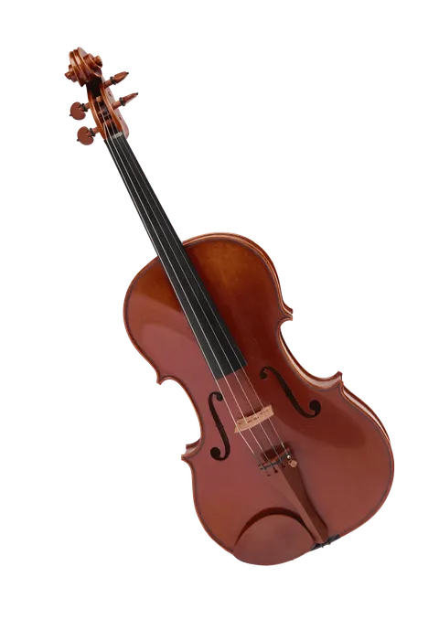 A imagem mostra uma viola, instrumento feito de madeira, com quatro cordas, um pouco maior que o violino.